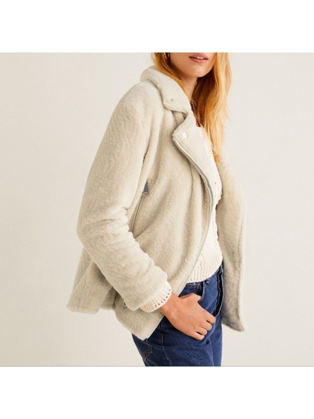 Mango Ivory Faux Shearling Biker Jacket, Size S - Picture 3 of 17
